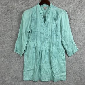 J. Jill Blouse Women’s XSmall Green 100% Linen Pintucked Tunic Beach Boho V-neck